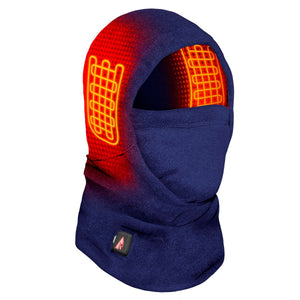 Blue heated balaclava with glowing orange heating elements on the sides