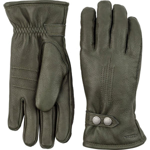 Hestra olive green leather gloves with button wrist detail