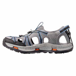 Korkers grey and blue outdoor sandal with toggle lacing and speckled midsole