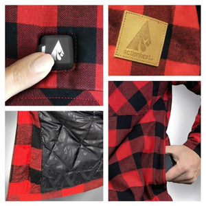 ActionHeat red and black flannel shirt showing power button, brand patch, quilted lining, and side pocket