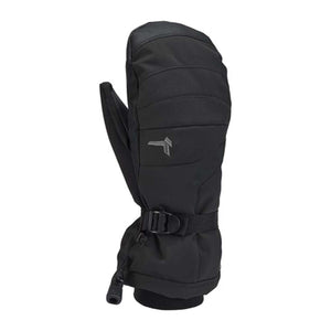 Black insulated winter mitten with adjustable wrist strap and logo