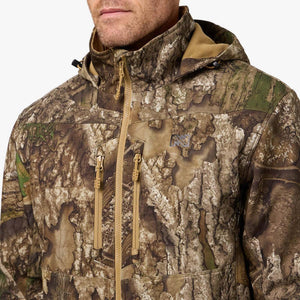 Man wearing a Realtree camouflage hooded jacket with tan zipper details