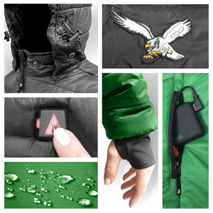 Close up details of a heated jacket showing hood, eagle logo, power button, thumbhole cuff, battery pack, and water beads