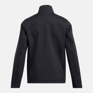 Back view of a black long sleeve softshell jacket with a high collar