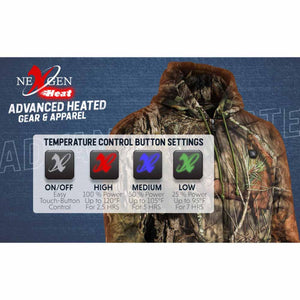 NexGen heated apparel temperature control button settings chart showing high medium and low heat levels