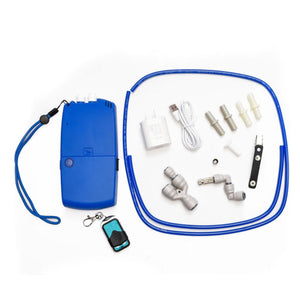 Portable blue air pump device with blue tubing, power adapter, USB cable, and various plastic connectors