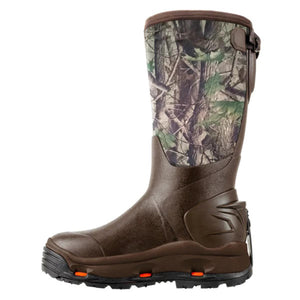 Korkers brown camo waterproof hunting boot with black sole and orange accents