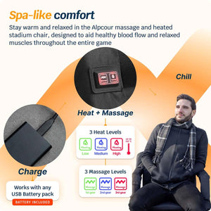 Alpcour stadium chair showing heat and massage control buttons with three intensity levels and USB battery charging